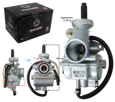 Gaźnik Moretti PZ16, 80cc 4T, p.16mm, ssanie na dźwignię