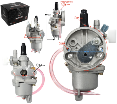 Gaźnik Moretti Pocket Bike, 50cc 4T, p.14mm, ssanie na dźwignię