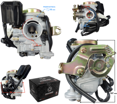 Gaźnik Moretti GY6, 50cc 4T, p.18 mm, ssanie automatyczne, metalowa pokrywa
