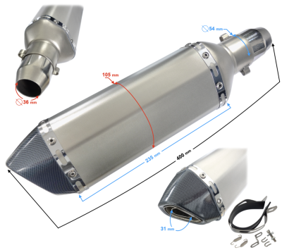 TŁUMIK TUNNINGOWY UNIWERSALNY STAL013, 370 mm  (kolor: tytanowy)- końcówka czarna